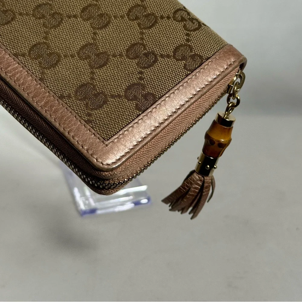 Gucci GG Canvas Leather‎ With Bamboo tassel Zip around Continental Wallet